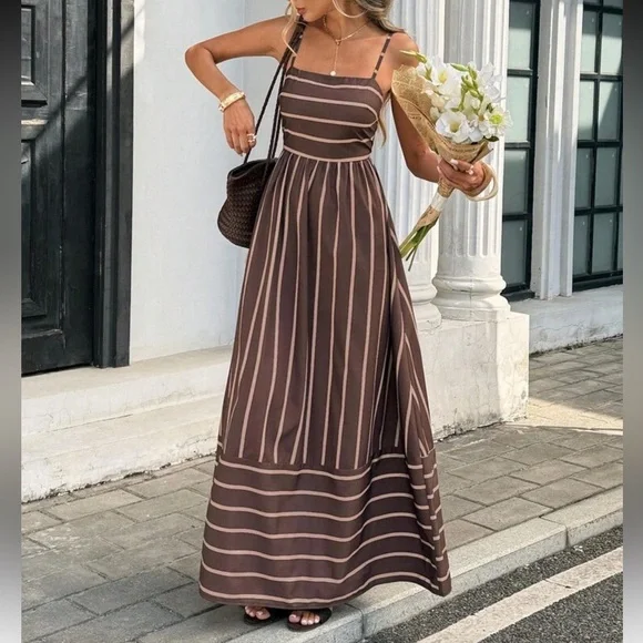 Brown tan striped maxi dress cut out open back boho vacation dress - Picture 5 of 5